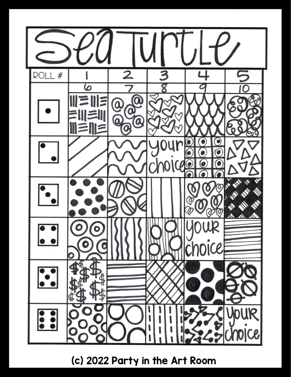 Sea turtle roll-a-pattern chart: each die number 1 to 6 matches hand-drawn line and shape patterns for rolls 1 to 10