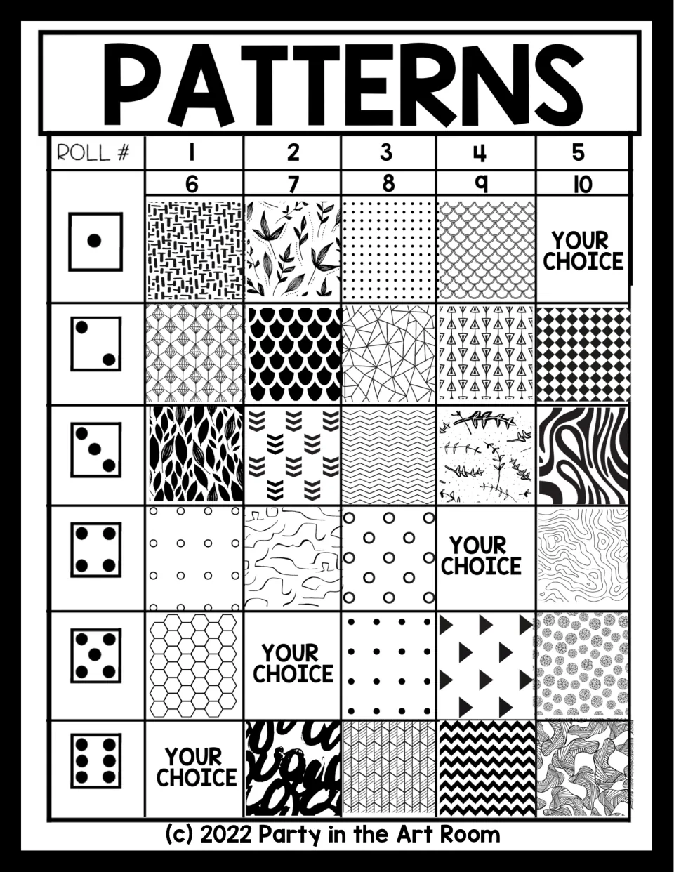Patterns roll chart: die faces 1 to 6 paired with printed scales, leaves, hexagons, chevrons and zigzags for each roll