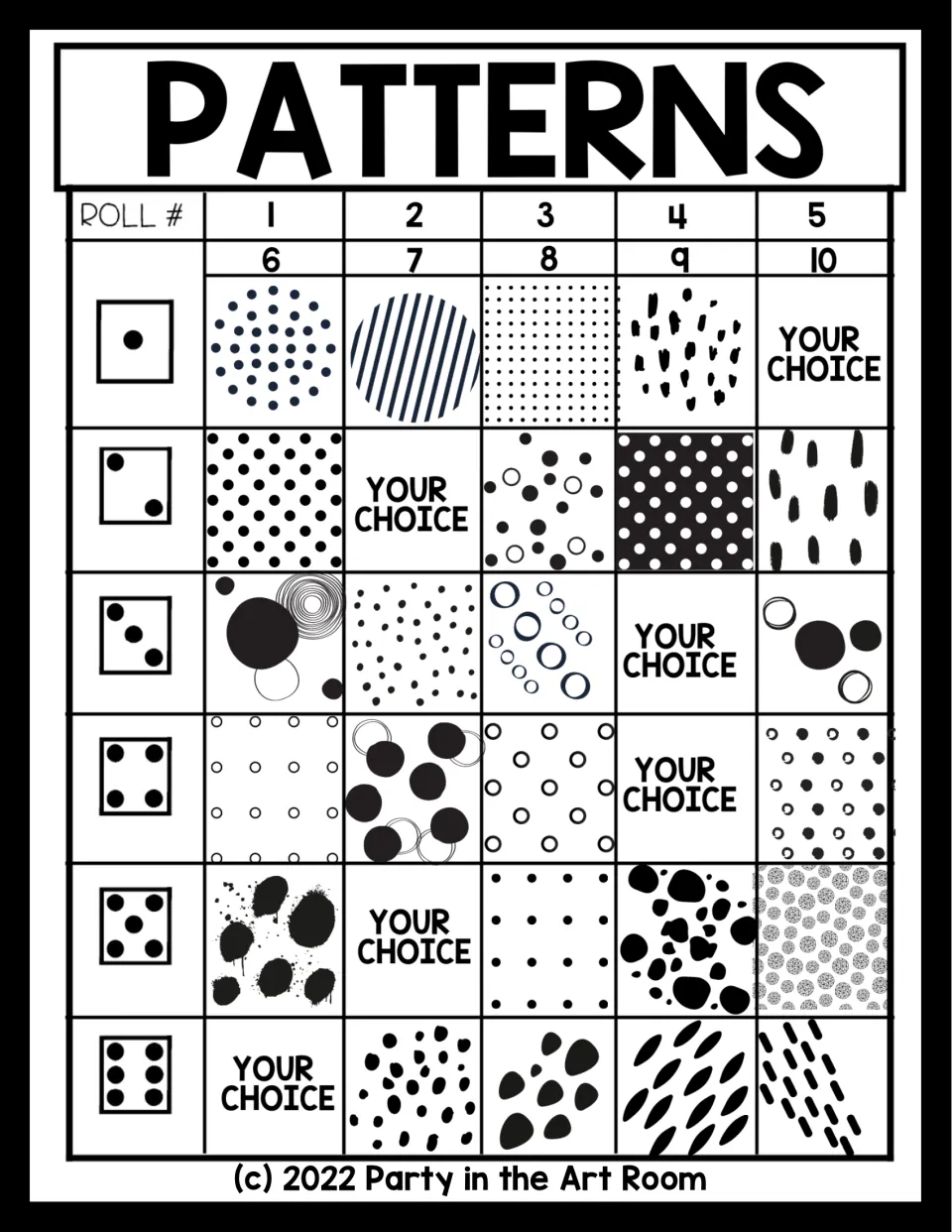 Dot patterns roll chart: die faces 1 to 6 paired with polka dots, circles, splatters and dashes, plus 'your choice' squares