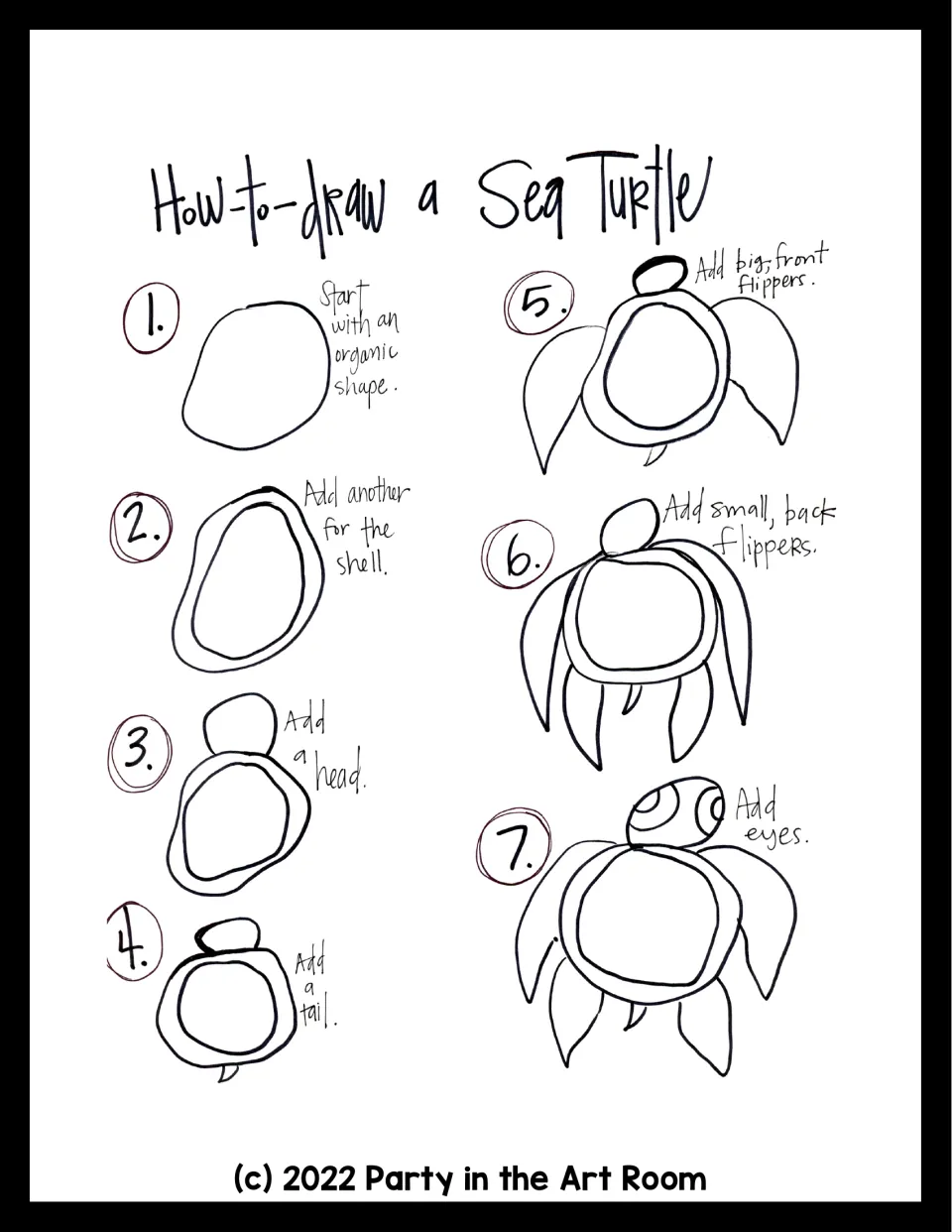 How to draw a sea turtle in 7 steps: organic shell shape, inner shell, head, tail, front and back flippers, then eyes