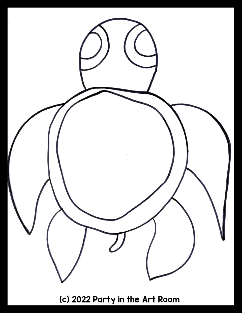 Blank sea turtle outline with head, eyes, shell, four flippers and tail, ready for students to fill with rolled patterns