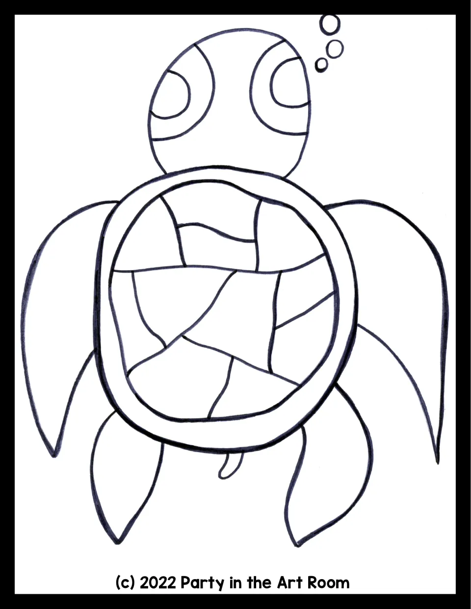Sea turtle outline with the shell split into sections and bubbles above, giving students spaces for each rolled pattern