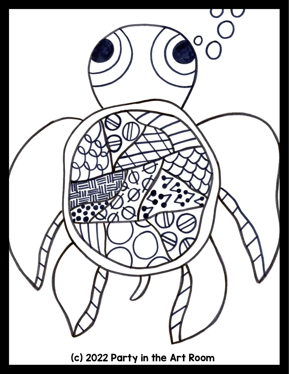 Patterned turtle drawing in black ink: shell sections filled with scales, circles, weaves and dots, flippers striped