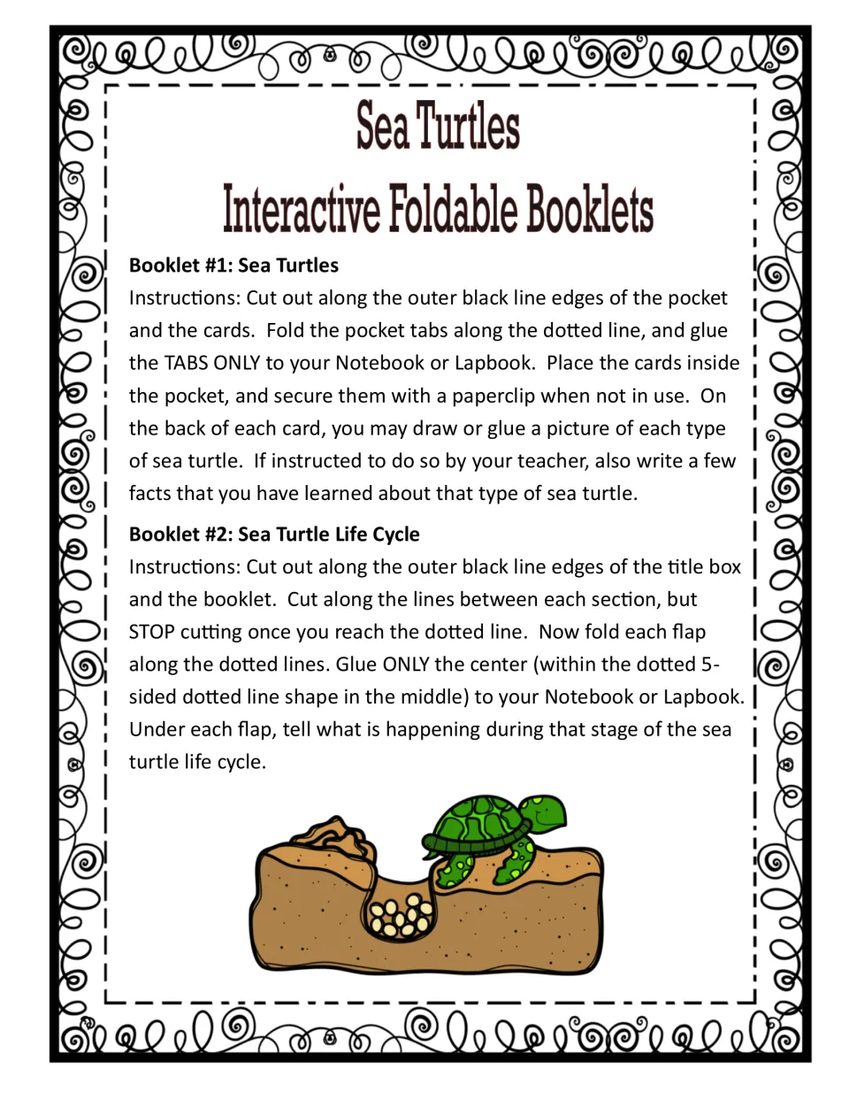 Assembly steps for two booklets: a sea turtle types card pocket and a five-flap life cycle foldable glued into a notebook