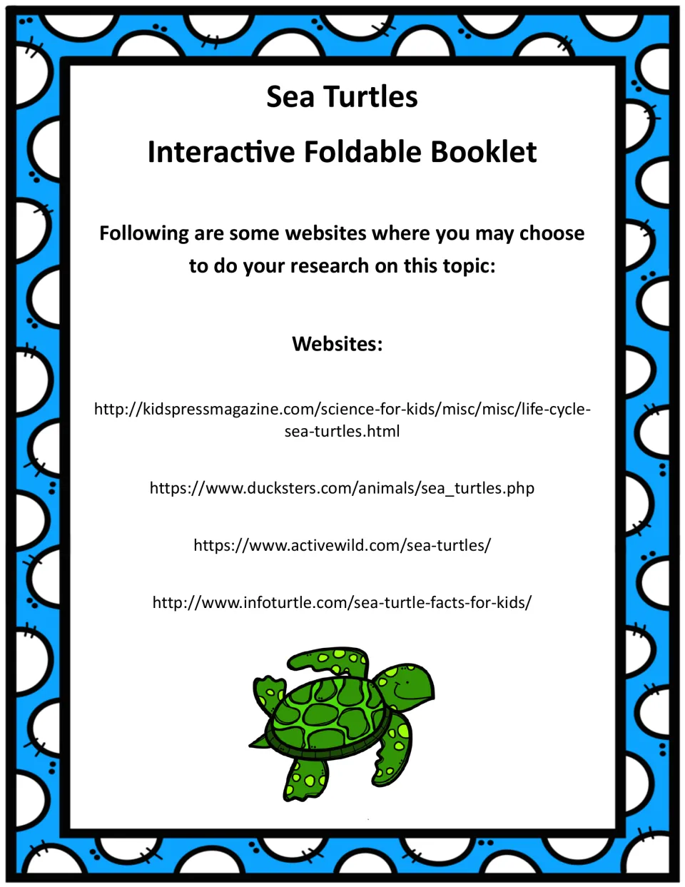 Sea turtle research page listing four websites, including Ducksters and Active Wild, where students can look up facts
