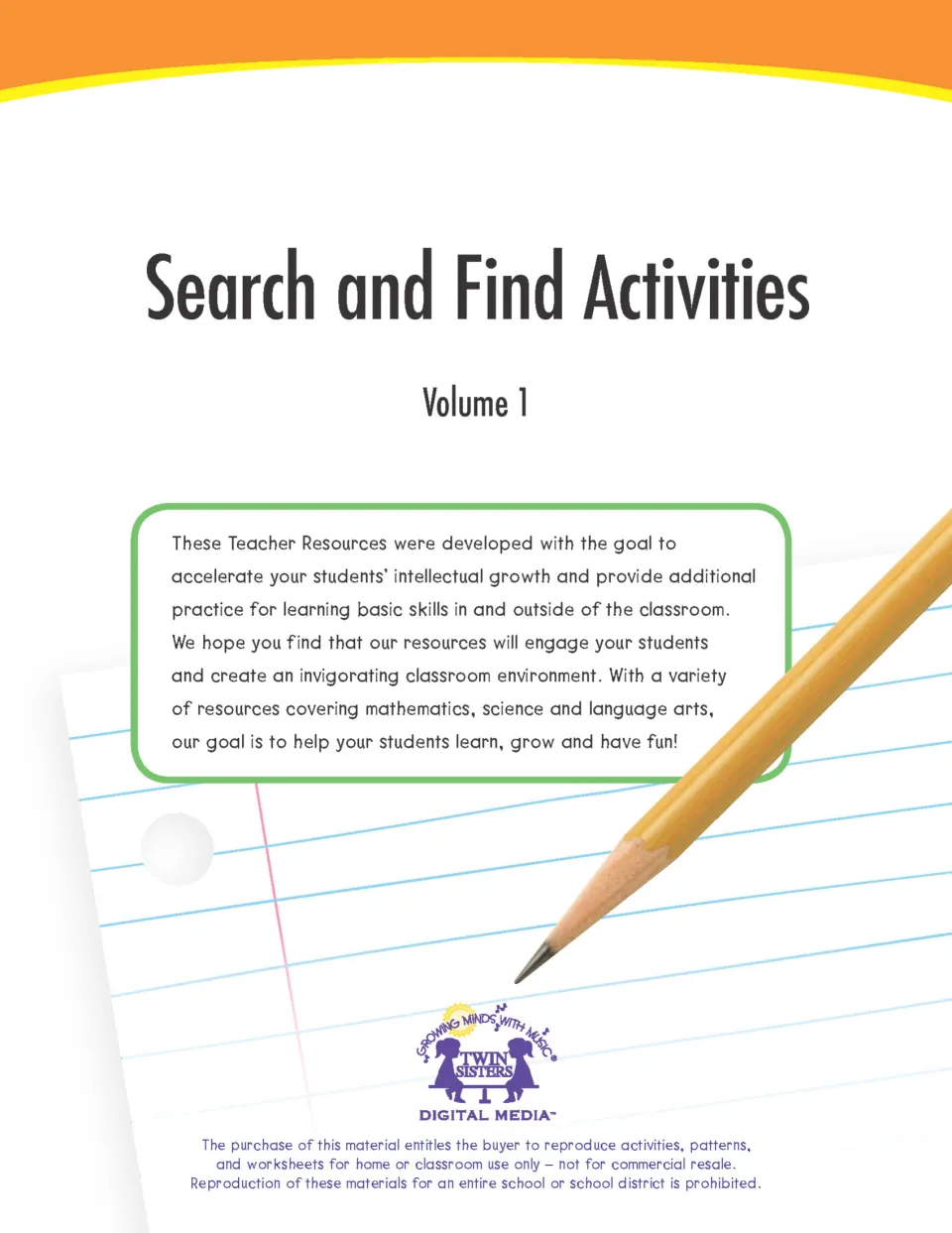 Search and Find Activities Volume 1 cover from Twin Sisters with a pencil on notebook paper and a teacher welcome note