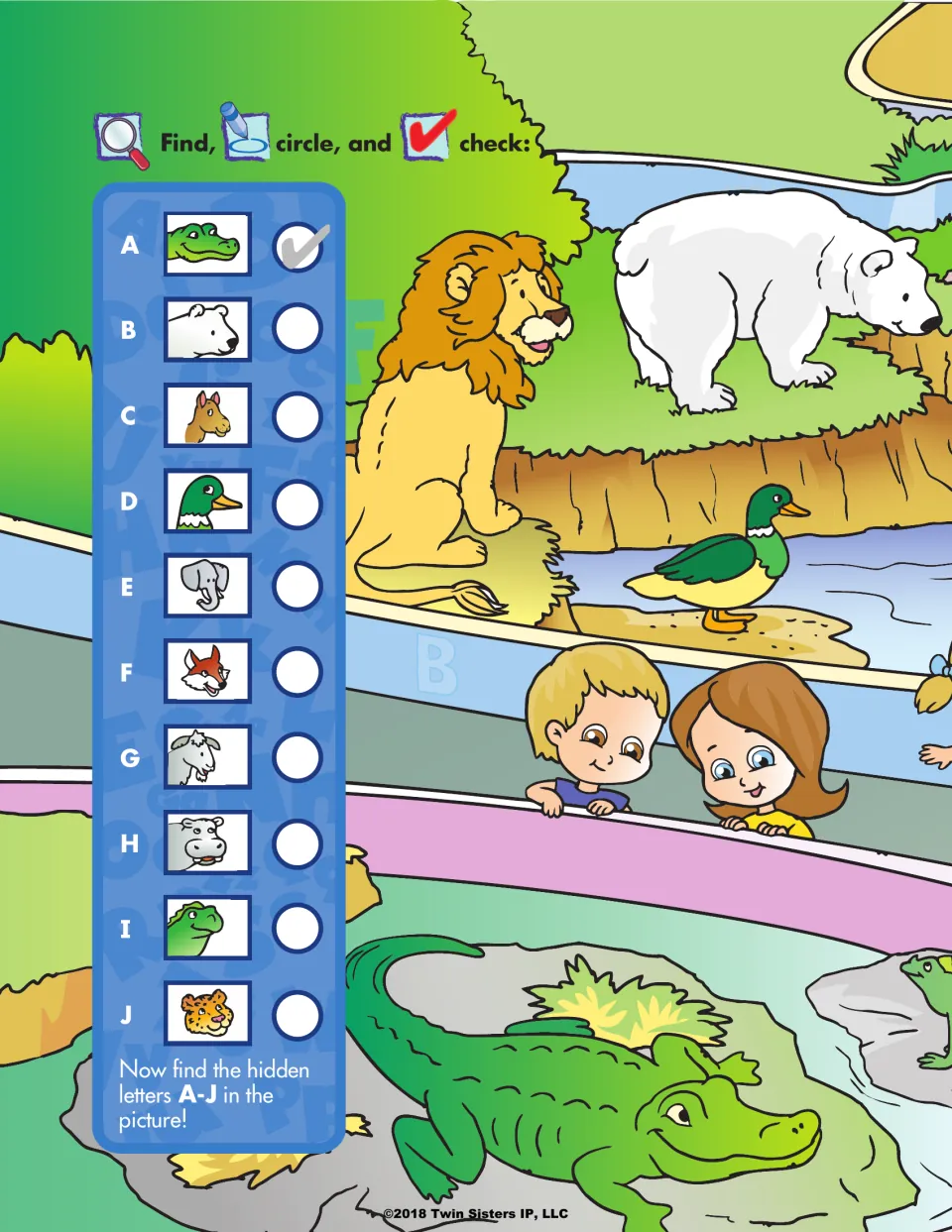 Zoo search: students find, circle and check 10 animals A-J, such as an alligator and polar bear, then spot hidden letters