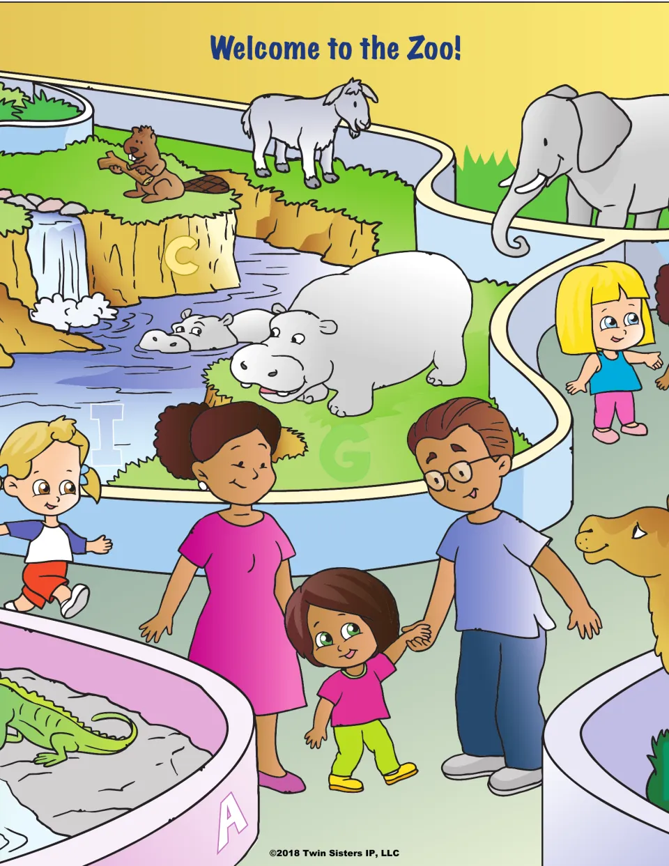 Welcome to the Zoo! scene with a family, elephant, hippos, goat and beaver; letters like A, C, G and I are hidden in it