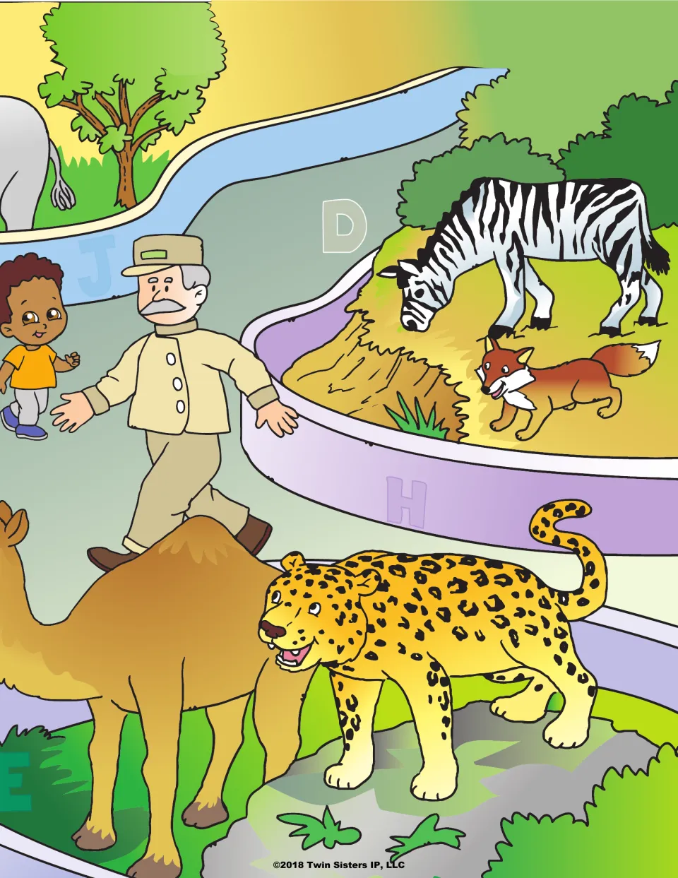Zoo scene continued: a zookeeper walks past a zebra, fox, camel and leopard, with letters D, E, H and J hidden in the art