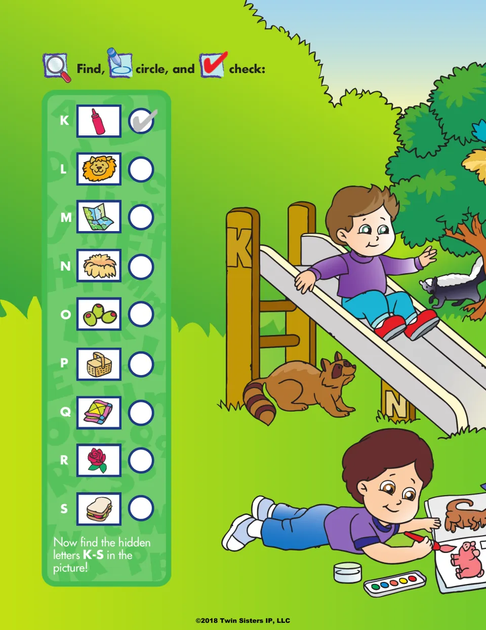 Park search: students find, circle and check items K-S like ketchup, a map, olives and a rose, then find hidden letters