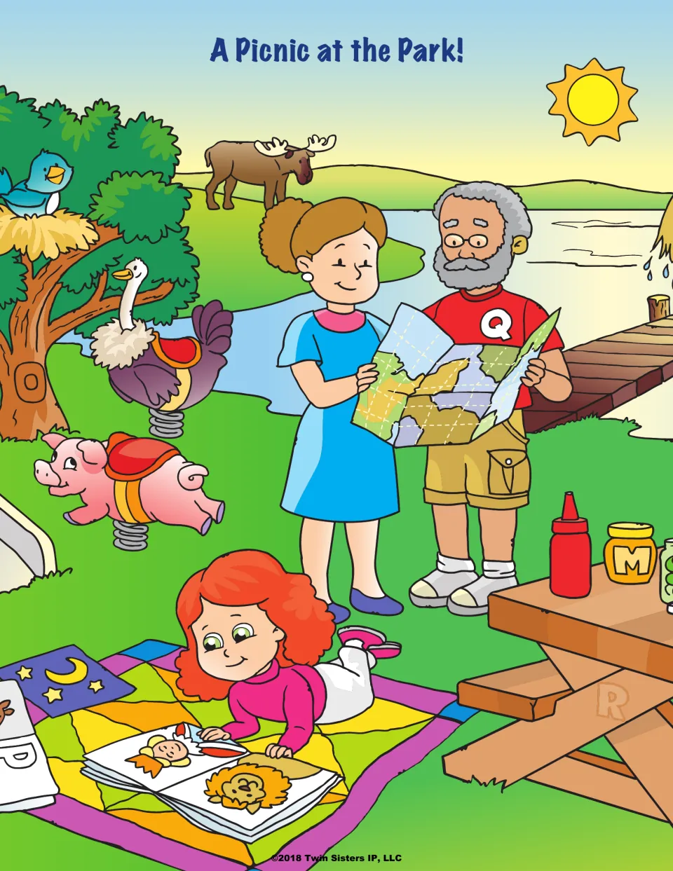 A Picnic at the Park! scene: two adults read a map near a moose as a girl reads on a quilt; letters hide in the art