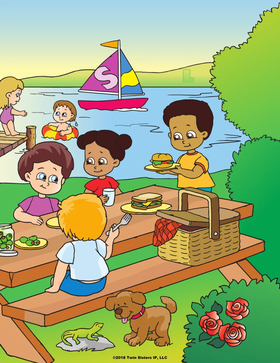 Picnic scene continued: children eat by a lake with a sailboat, puppy, lizard and roses; letters S and L are hidden