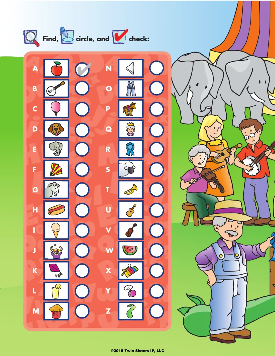 Fair search: students find and circle 26 pictured items A-Z, from apple and banjo to xylophone, yo-yo and zucchini