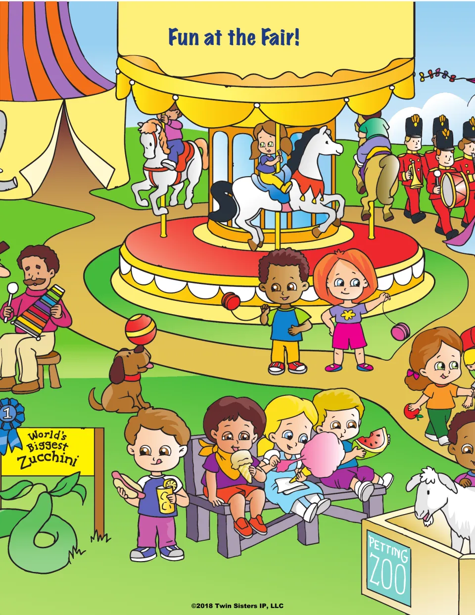 Fun at the Fair! scene with a carousel, band, kids with yo-yos and cotton candy, a prize zucchini and a petting zoo