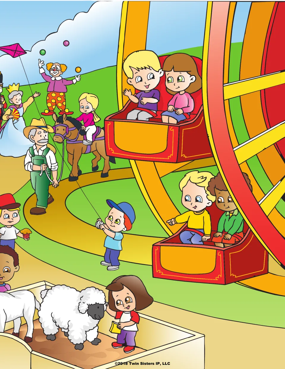 Fair scene continued: kids ride a Ferris wheel while a clown juggles, a boy flies a kite and a girl pets a sheep