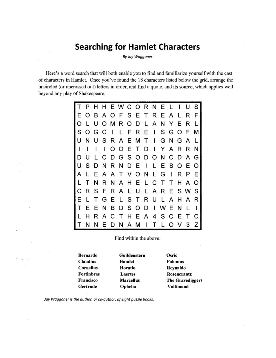 Hamlet character word search: find 18 names, then use the remaining letters to reveal a quote and its source.