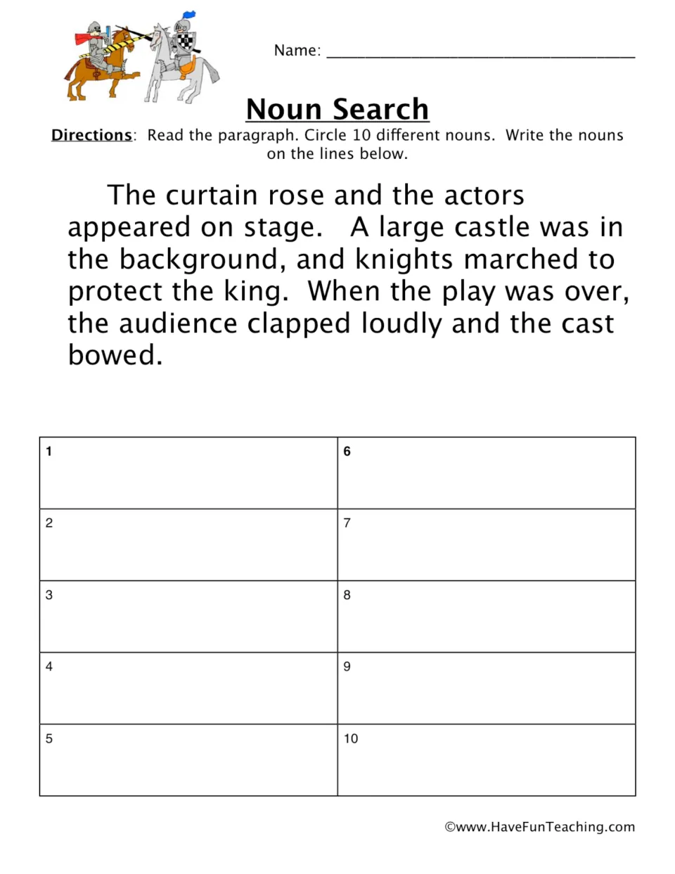 Noun Search: students read a short paragraph about a castle play, circle 10 different nouns and write them in a list