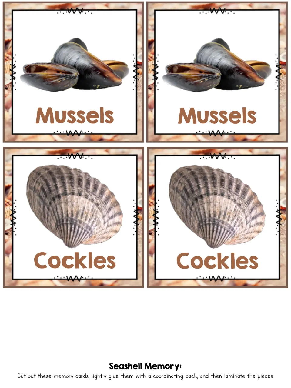 Mussels and Cockles memory cards: two of each labeled shell photo for students to cut out and match while reading names