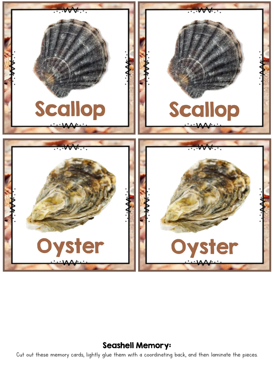 Scallop and Oyster photo cards, two of each, for students to cut out and match in a turn-taking shell memory game