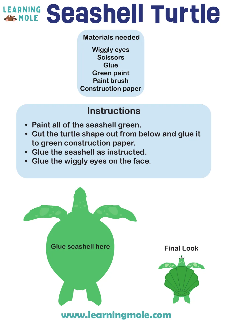 Seashell turtle craft: students paint a shell green, cut out the turtle template, glue the shell on and add wiggly eyes