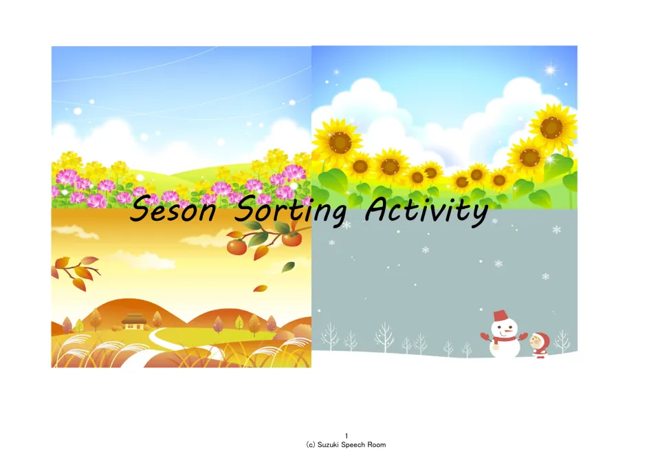 Season Sorting Activity cover showing spring flowers, summer sunflowers, a fall harvest scene and a winter snowman
