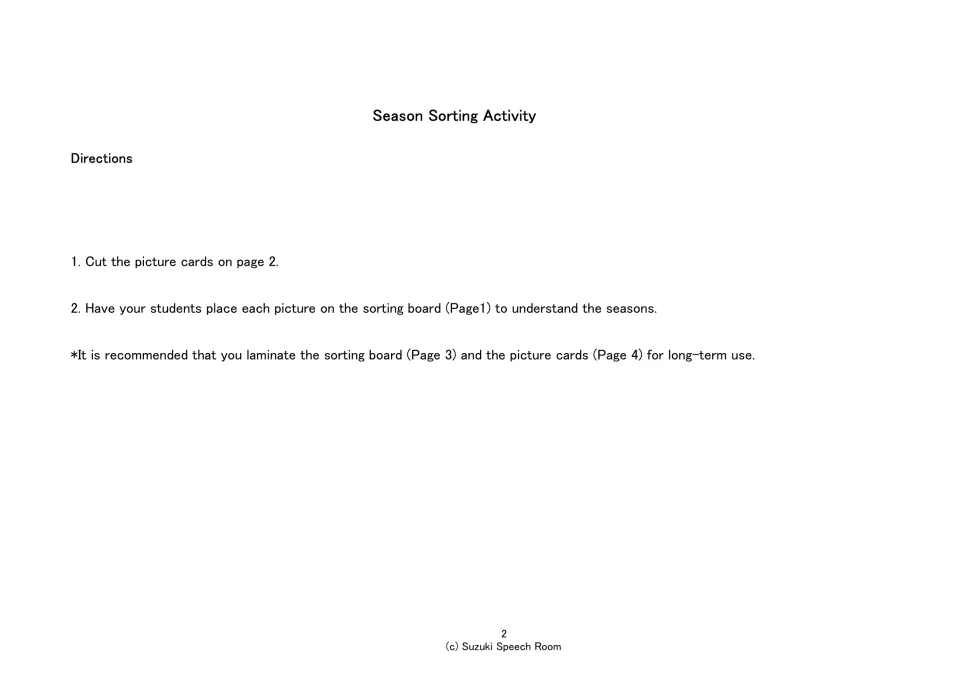 Directions for the seasons sort: cut out the picture cards, then students place each one on the board by its season