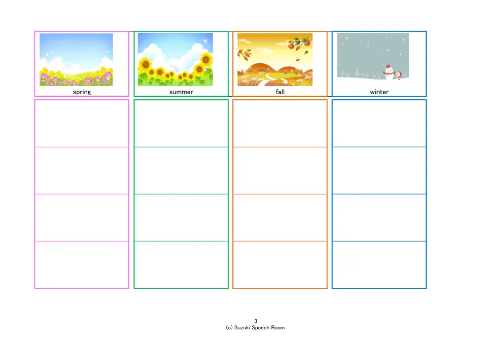 Seasons sorting board headed spring, summer, fall and winter, each with a scene picture and four spaces for cards