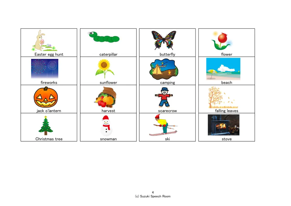 Seasonal picture cards to cut out: 16 labeled images such as Easter egg hunt, fireworks, jack o'lantern and snowman
