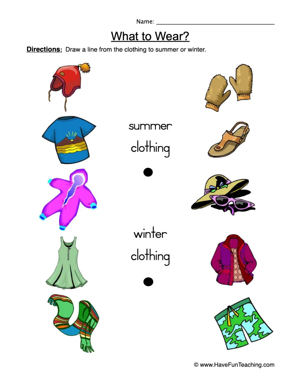 Seasonal clothing matching worksheet: 10 pictures to sort as summer or winter, including mittens and shorts