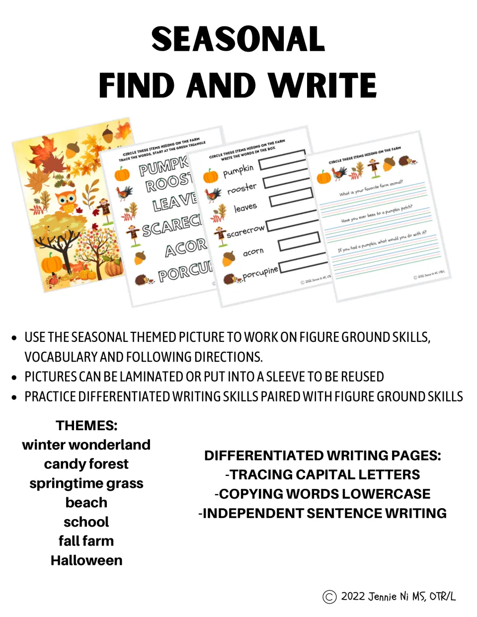 Cover introducing seven picture-search themes and three writing options: tracing, copying, and sentences
