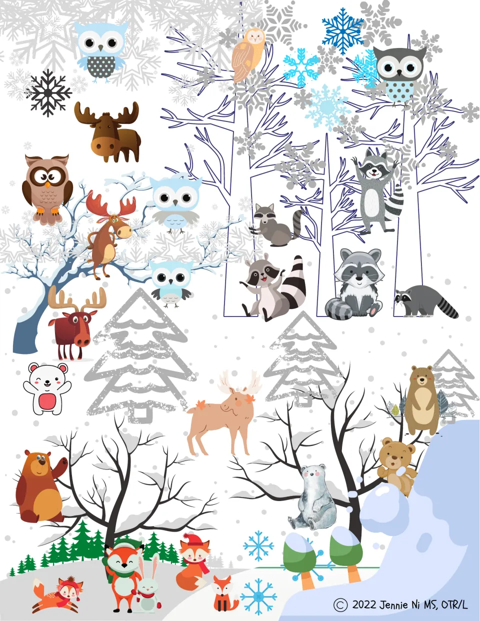 Winter wonderland search scene for finding snow, a bear, a fox, a moose, a raccoon, and an owl before writing