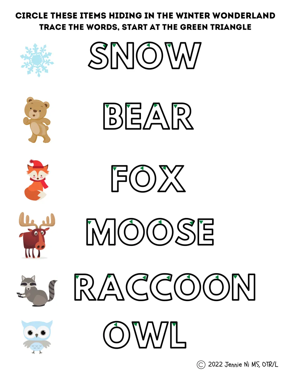 Winter search and uppercase tracing practice for SNOW, BEAR, FOX, MOOSE, RACCOON, and OWL, with start cues