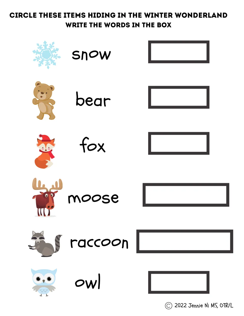 Winter search and lowercase word-copying practice using snow, bear, fox, moose, raccoon, and owl as models
