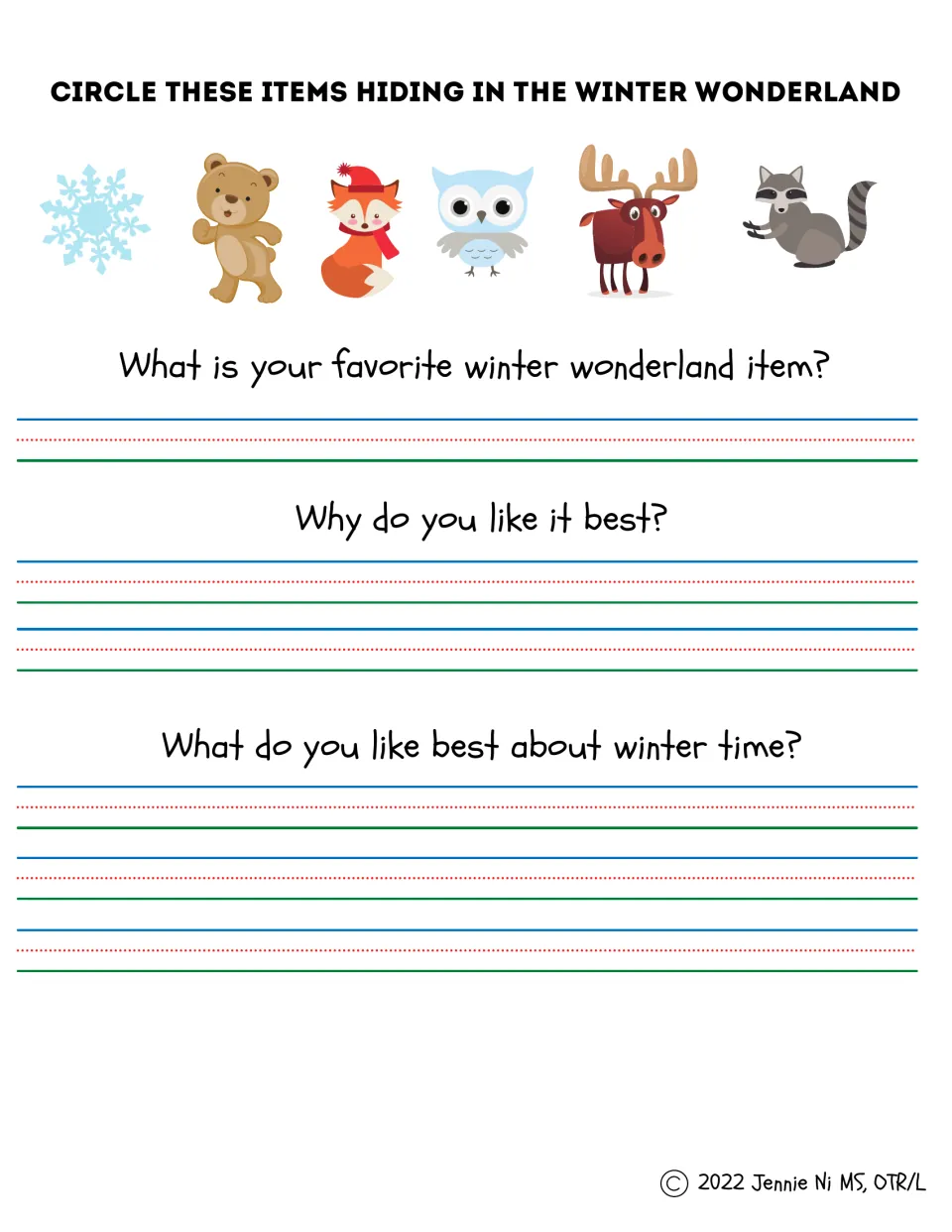 Winter search and sentence-writing prompts about a favorite winter wonderland item and what makes winter fun