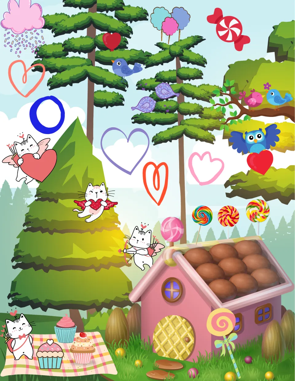 Candy forest search scene for finding a lollipop, heart, cupcake, cupid, candy, and bird before writing