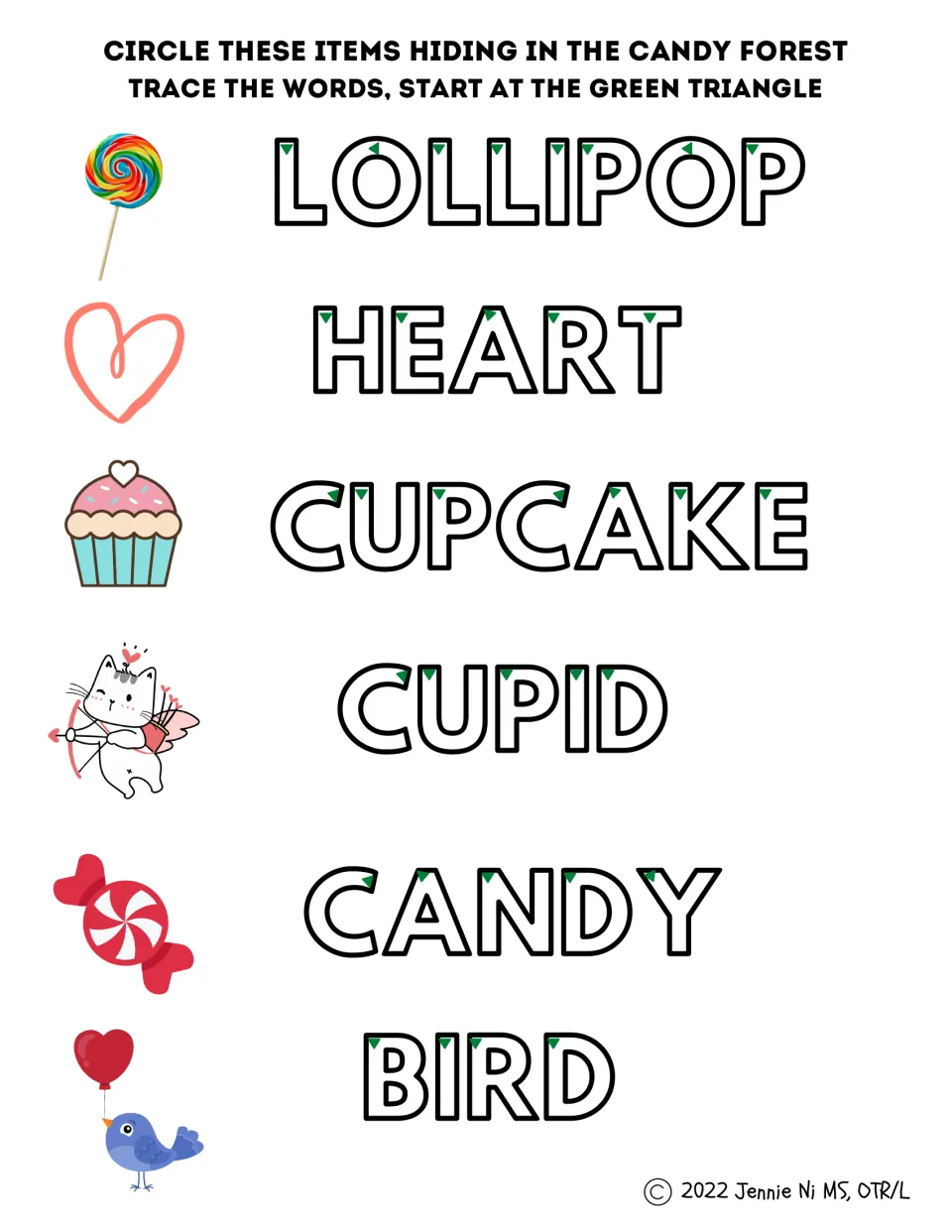 Candy forest search and uppercase tracing practice for LOLLIPOP, HEART, CUPCAKE, CUPID, CANDY, and BIRD