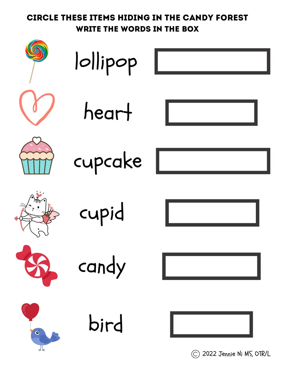 Candy forest search and lowercase word-copying practice for lollipop, heart, cupcake, cupid, candy, and bird