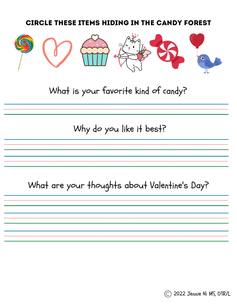Candy forest search and sentence-writing prompts about favorite candy, reasons for liking it, and Valentine's Day