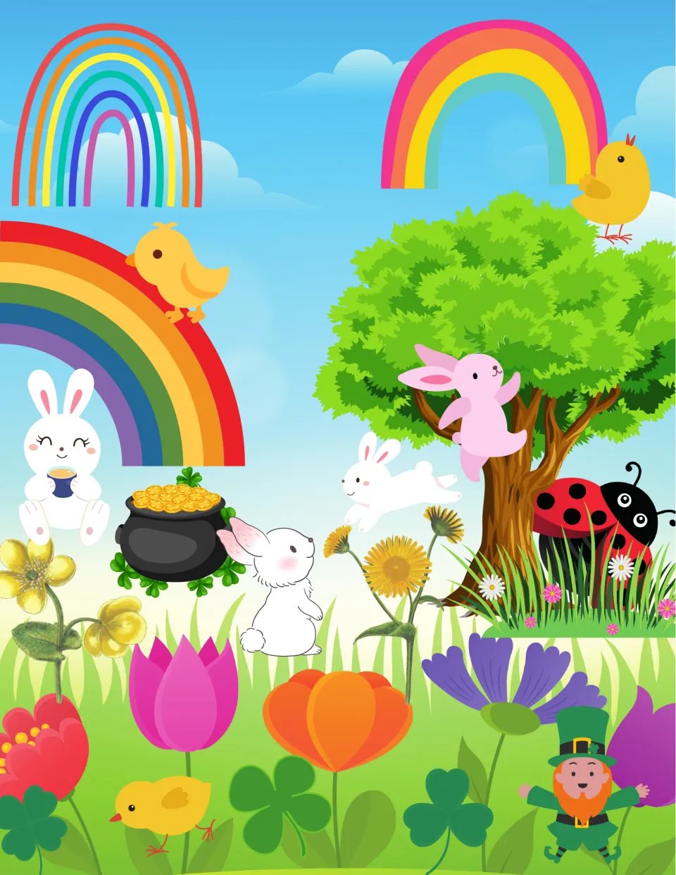 Springtime grass picture-search scene featuring rainbows, chicks, rabbits, flowers, and a pot of gold