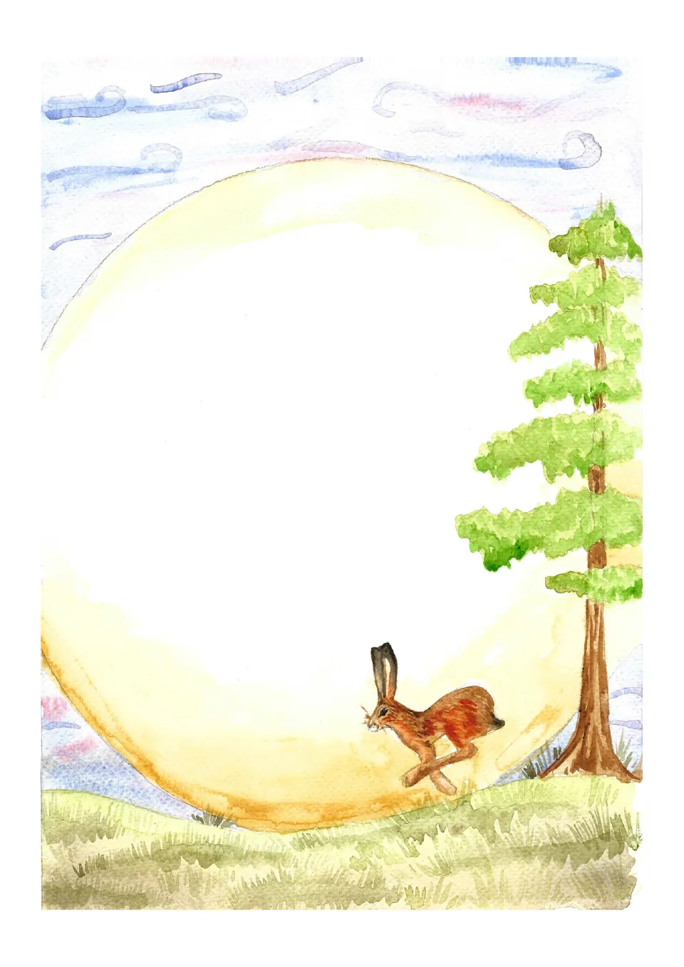 Seasonal journaling page for observations or narratives, featuring a harvest moon, a hare, and a tree