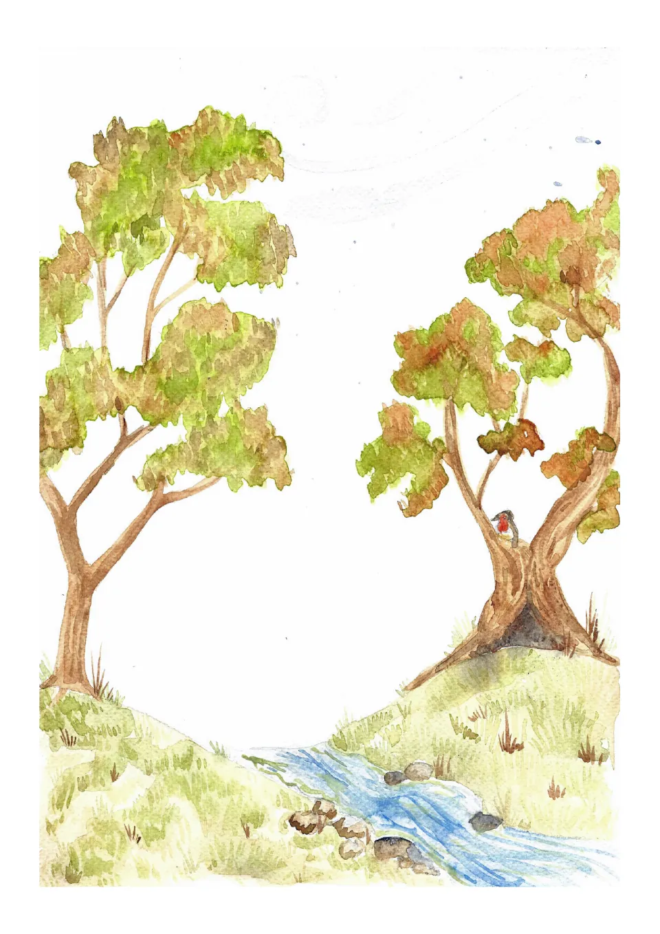 Seasonal journaling page for observations or narratives, featuring woodland trees, a bird, and a stream