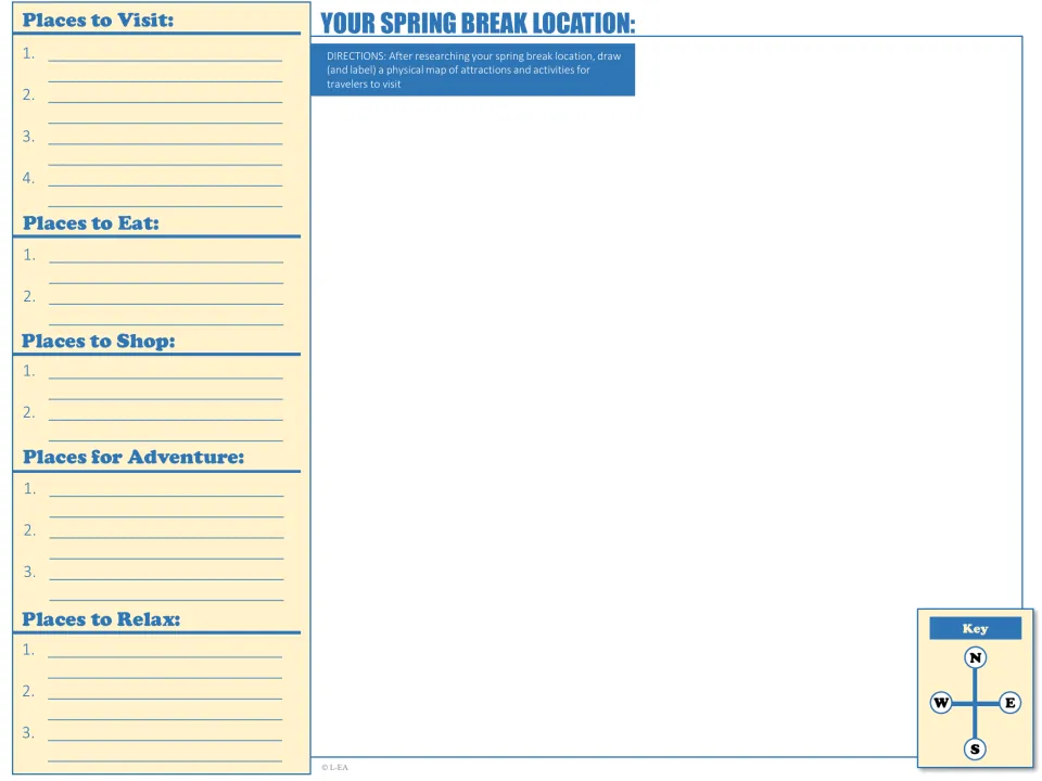 Your spring break location: students list places to visit, eat, shop, explore and relax, then draw a labeled map with a key