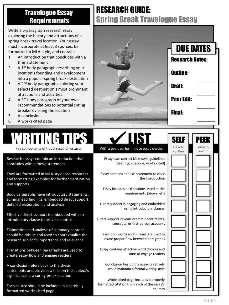 Grayscale research guide listing the 6 essay requirements, due dates, writing tips and a self and peer essay checklist