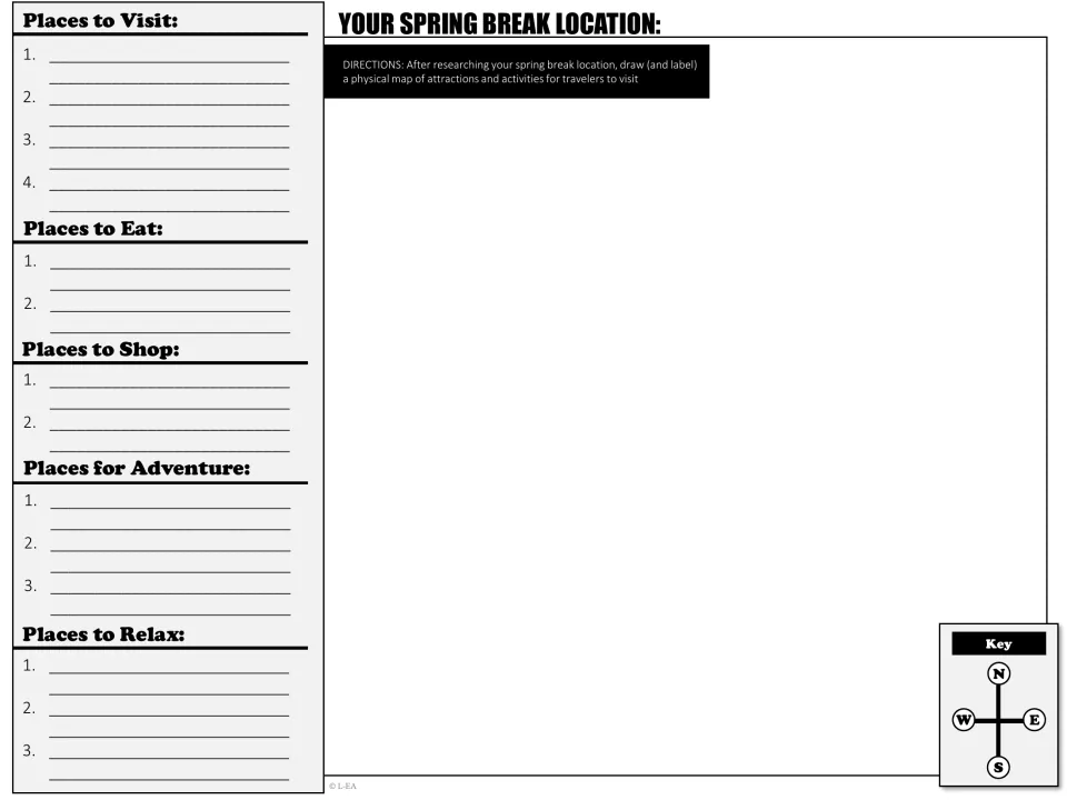 Grayscale location map: students list places to visit, eat, shop, adventure and relax, then draw and label a map of them