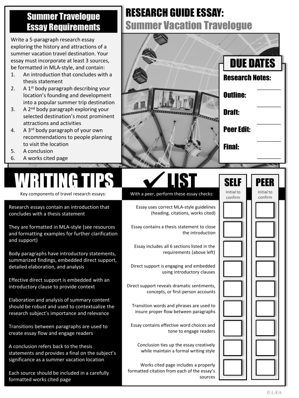 Black-and-white essay requirements sheet listing the 6 required sections, due dates, writing tips and a peer checklist