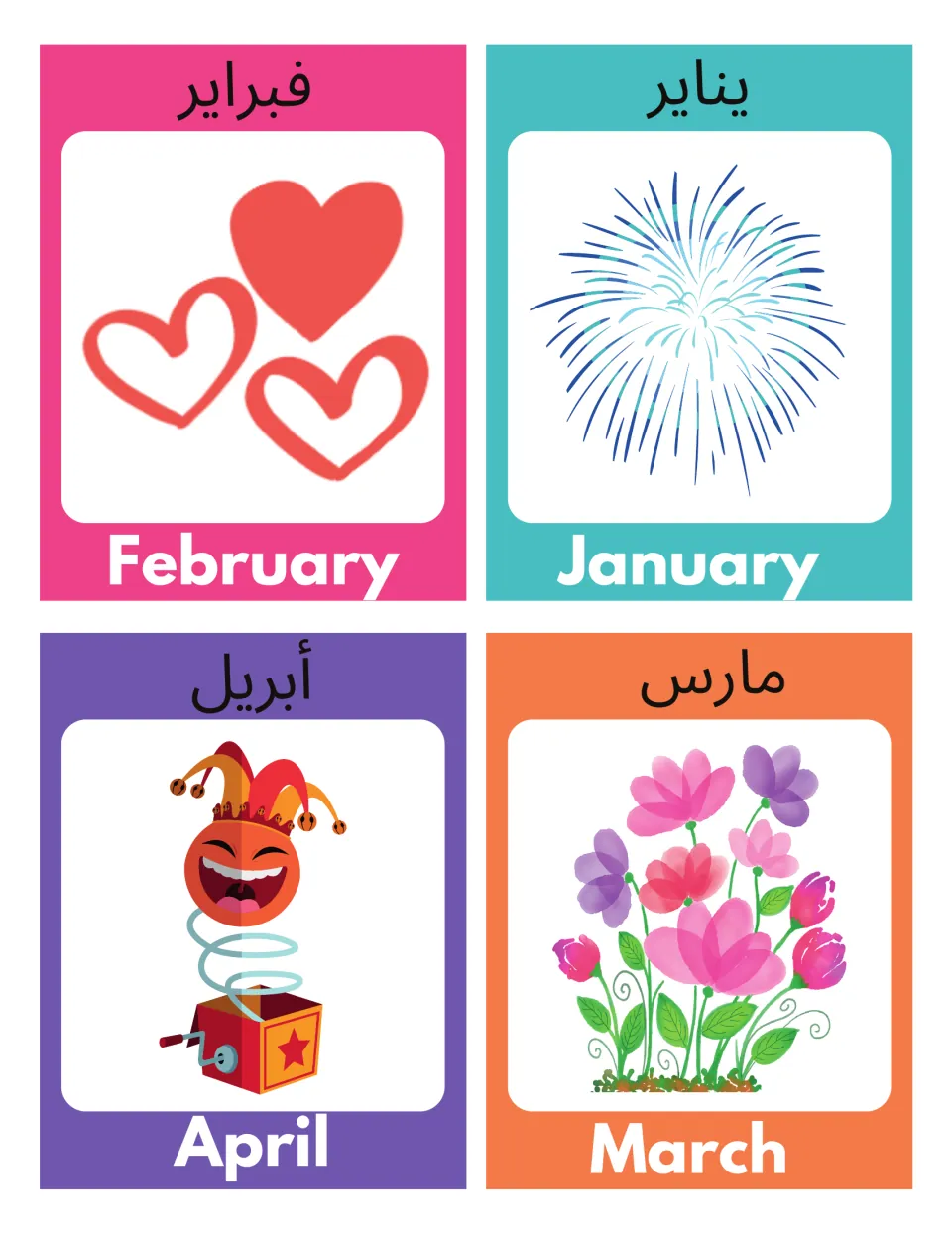 Arabic-English month flashcards for January, February, March, and April, illustrated with a picture each