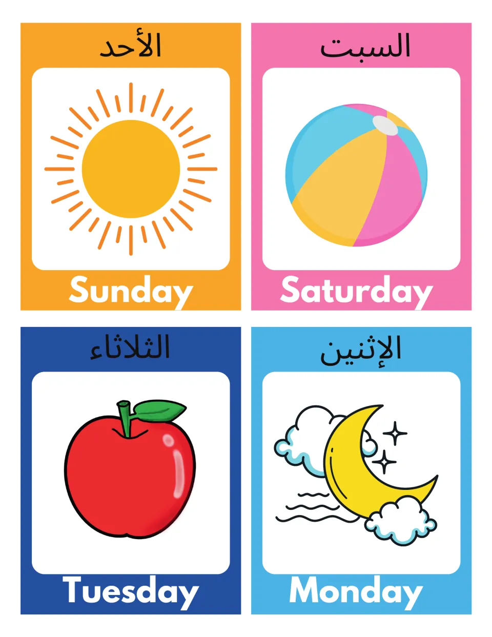 Arabic-English day flashcards for Saturday, Sunday, Monday, and Tuesday, showing a ball, sun, moon, and apple
