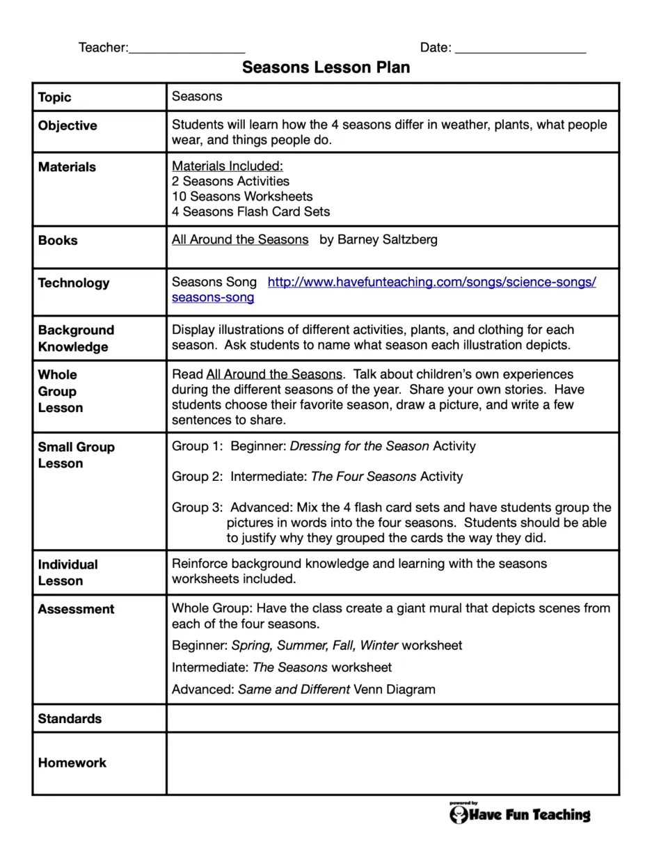 Seasons Lesson Plan outlines whole-group, small-group, and individual lessons plus seasonal assessments