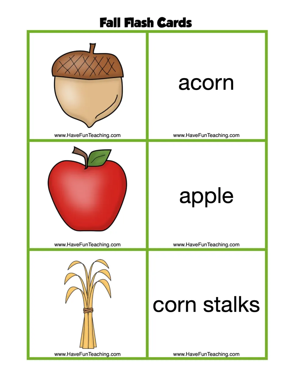 Fall flash card sheet pairs pictures with the words acorn, apple, and corn stalks for seasonal vocabulary