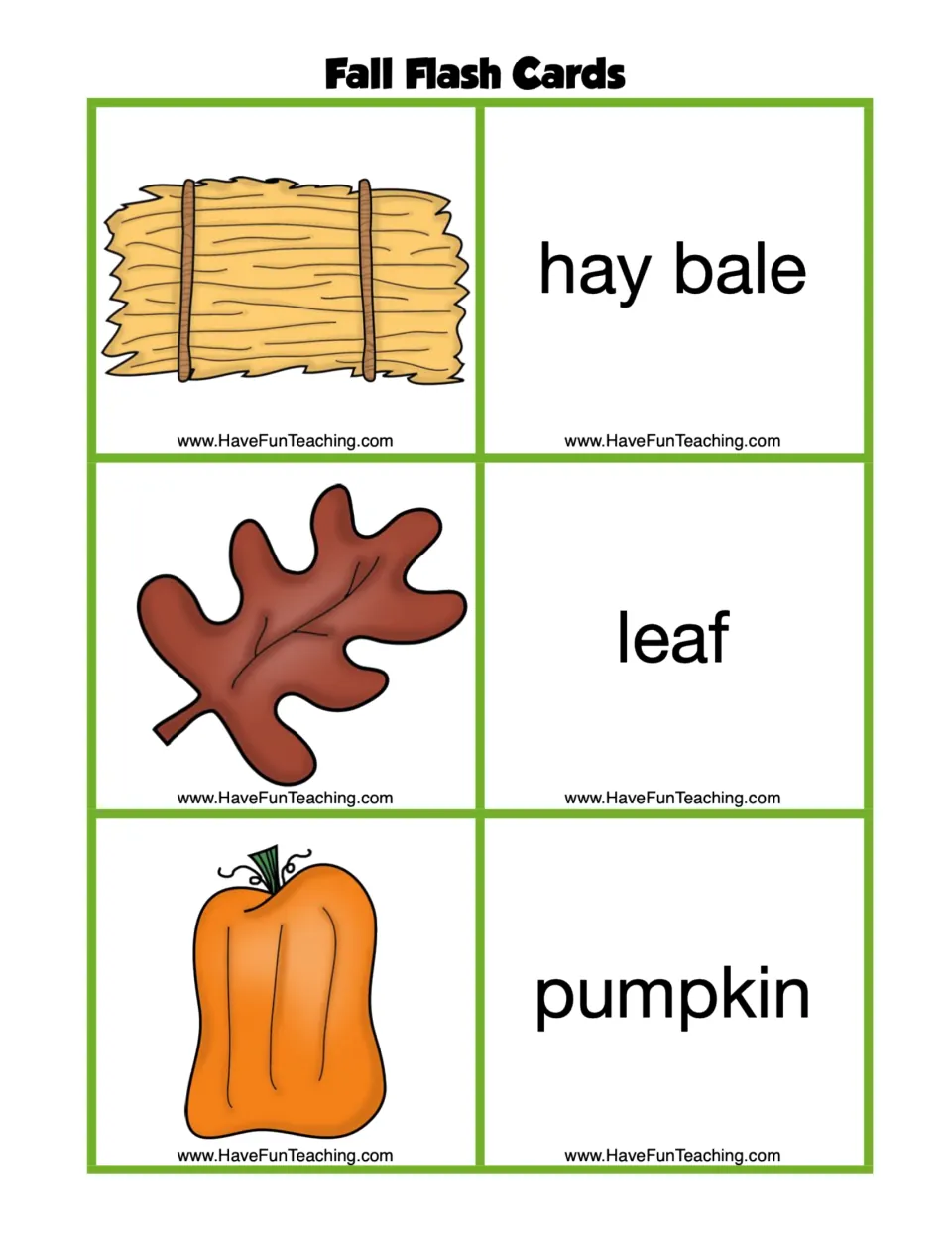 Fall flash card sheet pairs pictures with the words hay bale, leaf, and pumpkin for seasonal vocabulary